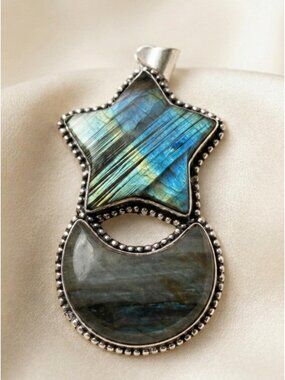 Labradorite Star Crescent Pendant Blue Flash Silver Tone 3.25"